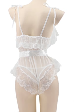Lenjerie erotică - Set sexy, body semitransparent cu dantela, cordon si chiloti tanga TY-L101alb