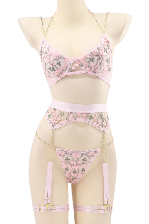 Lenjerie erotică - Set lenjerie sexy, sutien, chiloti tanga si portjartier cu jartiere detasabile TY-LX151roz