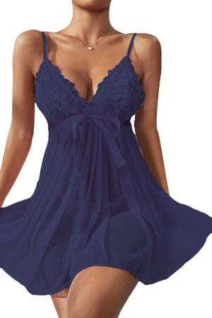 Lenjerie damă - Set sexy, camasa de noapte transparenta, cordon si chiloti tanga TY-S665bleumarin