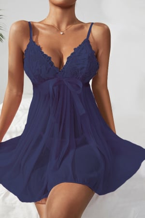 Lenjerie damă - Set sexy, camasa de noapte transparenta, cordon si chiloti tanga TY-S665bleumarin