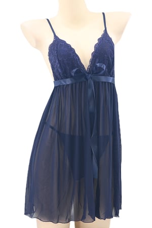 Lenjerie damă - Set sexy, camasa de noapte transparenta, cordon si chiloti tanga TY-S665bleumarin