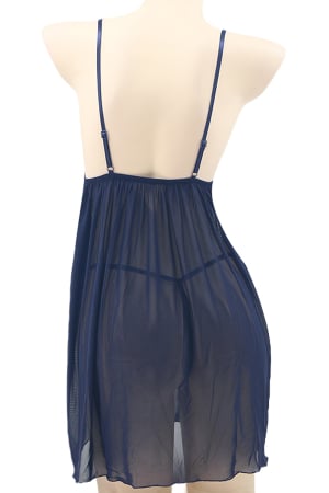 Lenjerie damă - Set sexy, camasa de noapte transparenta, cordon si chiloti tanga TY-S665bleumarin