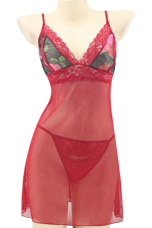 Lenjerie erotică - Set sexy cu dantela brodata, camasa de noapte si chiloti tanga TY-PLUS139rosu