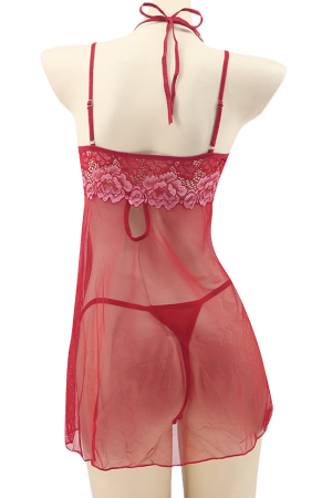 Lenjerie erotică - Set sexy cu dantela brodata, camasa de noapte si chiloti tanga TY-PLUS13visiniu