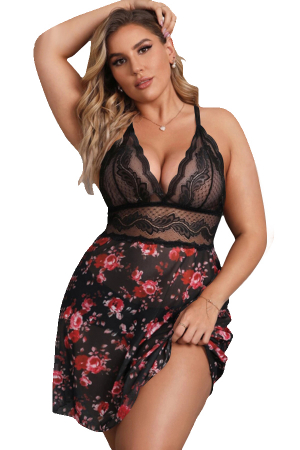Lenjerie erotică - Set sexy cu dantela brodata, camasa de noapte si chiloti tanga TY-PLUS154negru