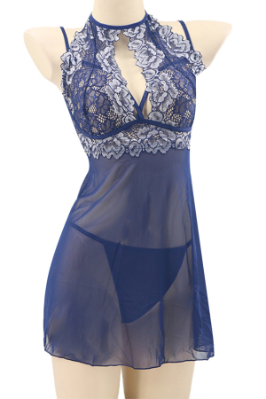Lenjerie erotică - Set sexy cu dantela brodata, camasa de noapte si chiloti tanga TY-PLUS13bleumarin