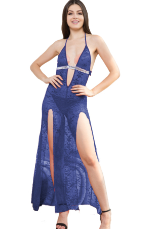 Lenjerie erotică - Set sexy cu dantela, rochie cu aplicatii paiete si chiloti tanga TY-1920Hbleumarin