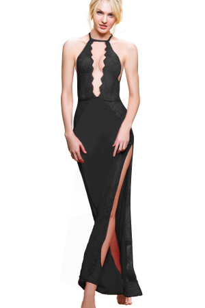 Lenjerie erotică - Set sexy cu dantela si aspect satin, rochie delicata si chiloti tanga TY-1949negru