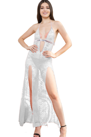Lenjerie erotică - Set sexy cu dantela, rochie cu aplicatii paiete si chiloti tanga TY-1920Halb