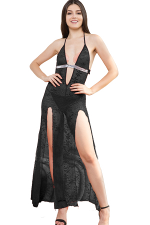 Lenjerie erotică - Set sexy cu dantela, rochie cu aplicatii paiete si chiloti tanga TY-1920Hnegru
