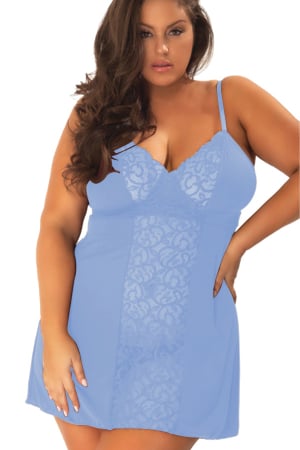 Lenjerie erotică - Set sexy cu dantela si aspect satin, camasa de noapte si chiloti tanga TY-PLUS79albastru