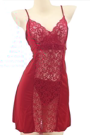Lenjerie erotică - Set sexy cu dantela si aspect satin, camasa de noapte si chiloti tanga TY-PLUS79visiniu