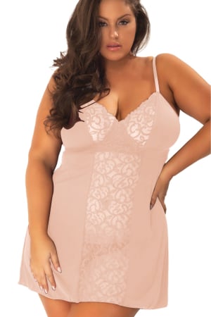 Lenjerie erotică - Set sexy cu dantela si aspect satin, camasa de noapte si chiloti tanga TY-PLUS79roz deschis