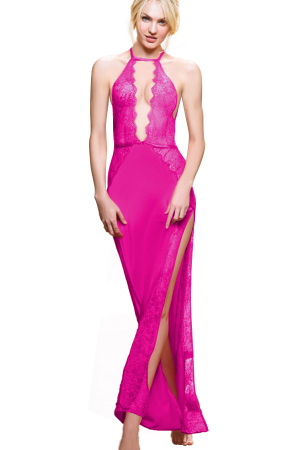 Lenjerie erotică - Set sexy cu dantela si aspect satin, rochie delicata si chiloti tanga TY-1949roz inchis