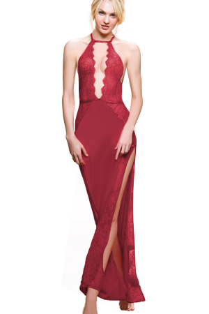Lenjerie erotică - Set sexy cu dantela si aspect satin, rochie delicata si chiloti tanga TY-1949visiniu