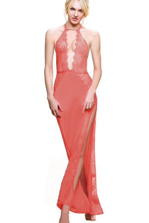 Damă - Set sexy cu dantela si aspect satin, rochie delicata si chiloti tanga TY-1949roz deschis