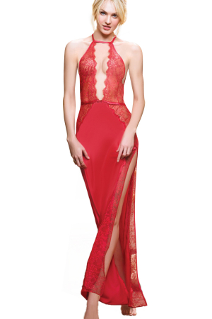 Lenjerie erotică - Set sexy cu dantela si aspect satin, rochie delicata si chiloti tanga TY-1949rosu