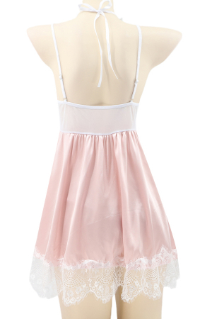 Lenjerie erotică - Set sexy cu dantela si aspect satin, rochita, chiloti tanga si accesoriu TY-S421roz