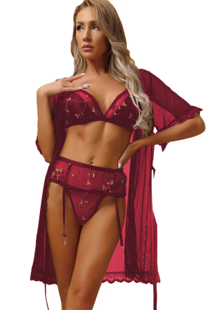 Halate - Set sexy cu motiv floral, halat, sutien, portjartier si chiloti tanga TY-678visiniu