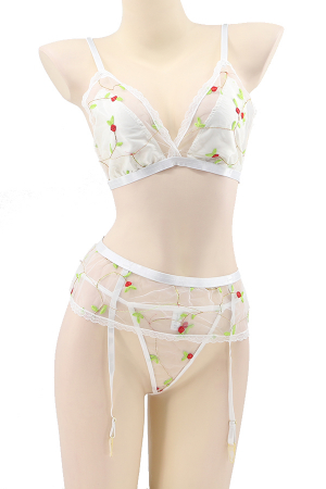 Lenjerie erotică - Set lenjerie sexy cu motiv floral, sutien, chiloti tanga si portjartiera TY-LX62alb