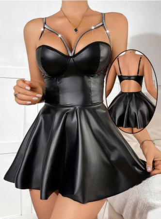Lenjerie erotică - Set sexy din piele sintetica lucioasa, rochita si chiloti tanga TY-PU101negru