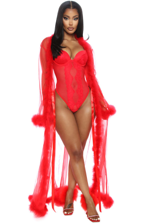 Halate - Set sexy, halat lung transparent accesorizat cu puf si chiloti tanga DLS-1rosu