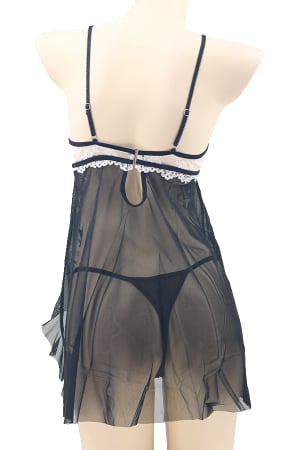 Lenjerie damă - Set sexy, rochita cu dantela si despicatura in fata + chiloti tanga TY-PLUS104negru