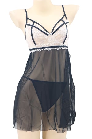 Lenjerie damă - Set sexy, rochita cu dantela si despicatura in fata + chiloti tanga TY-PLUS104negru
