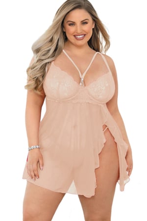 Lenjerie erotică - Set sexy, rochita cu dantela si despicatura in fata + chiloti tanga TY-PLUS105roz deschis