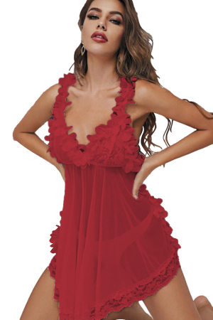 Lenjerie erotică - Set sexy, rochita cu dantela si tiv asortat cu volane + chiloti tanga TY-S508visiniu