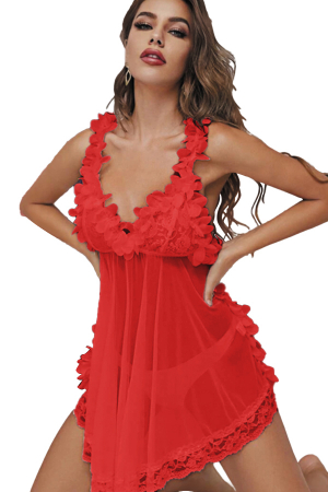 Lenjerie erotică - Set sexy, rochita cu dantela si tiv asortat cu volane + chiloti tanga TY-S508rosu