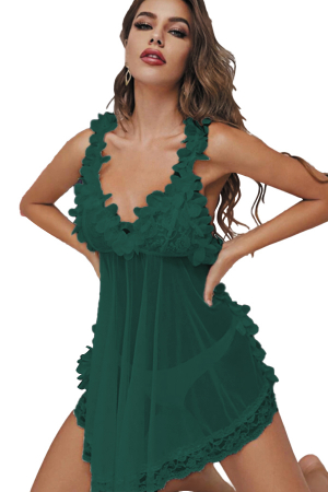 Lenjerie erotică - Set sexy, rochita cu dantela si tiv asortat cu volane + chiloti tanga TY-S508verde
