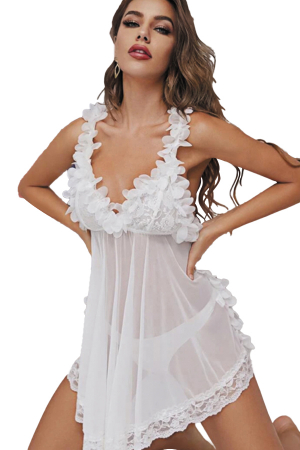Lenjerie erotică - Set sexy, rochita cu dantela si tiv asortat cu volane + chiloti tanga TY-S508alb