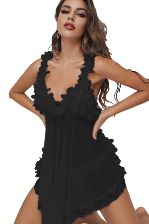 Lenjerie erotică - Set sexy, rochita cu dantela si tiv asortat cu volane + chiloti tanga TY-S508negru
