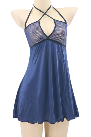 Lenjerie erotică - Set sexy, rochita din material moale cu insertii plasa si chiloti tanga TY-S205bleumarin