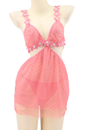 Lenjerie erotică - Set sexy, rochita transparenta cu motiv floral si strasuri + chiloti tanga TY-J93roz