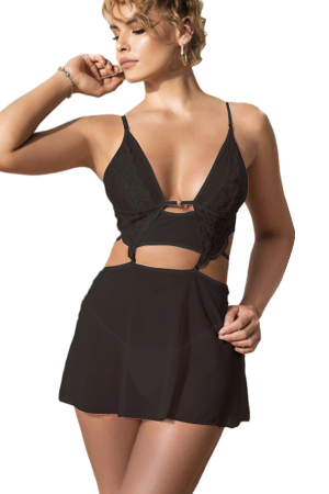 Lenjerie erotică - Set lenjerie sexy, rochita transparenta cu dantela si chiloti tanga TY-S566negru