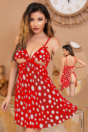 Lenjerie erotică - Set sexy transparent cu buline, rochita decupata si chiloti tanga NF-3035rosu