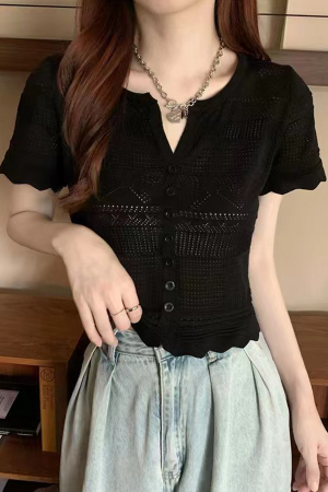 Tricouri și Maiouri - Tricou din tricot dantelat XPX-13039negru
