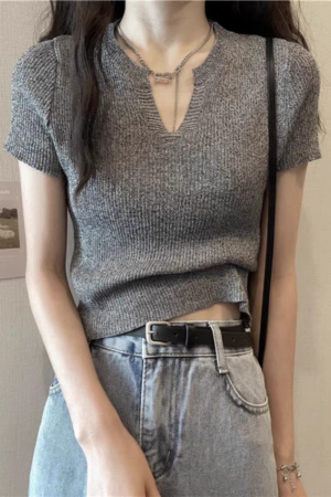 Tricouri și Maiouri - Top din tricot cu nervuri XPX-3799gri