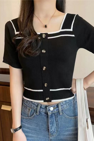 Tricouri și Maiouri - Tricou cu nasturi decorativi XPX-9155negru