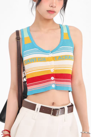 Tricouri și Maiouri - Top din tricot cu dungi retro curcubeu XBX-6628