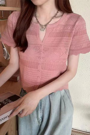 Îmbrăcăminte damă - Tricou din tricot dantelat XPX-13039roz