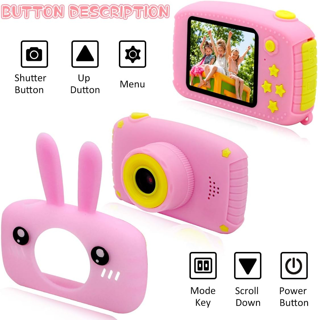 Aparat foto digital pentru copii, Roz, 1080P 30fps, LCD display 2.0", 600 mAh, Jocuri, Temporizator, Constructie durabila, ABS/Silicon [3]