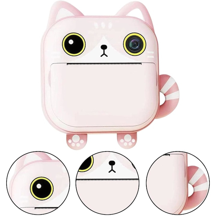 Aparat foto copii cu functie de printare, model Pisica, Rezolutie 24Mpx 1080P, Dual Camera Fata-Spate, Functie SELFIE, Display LCD Color 2.4", 3 role hartie incluse, Carioci si Stickere Colorate, Roz [4]