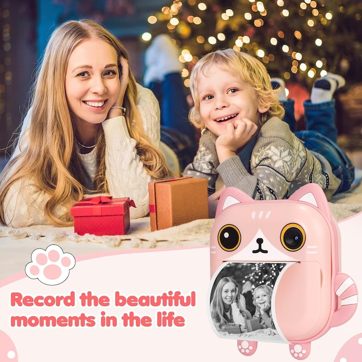 Aparat foto copii cu functie de printare, model Pisica, Rezolutie 24Mpx 1080P, Dual Camera Fata-Spate, Functie SELFIE, Display LCD Color 2.4", 3 role hartie incluse, Carioci si Stickere Colorate, Roz [7]