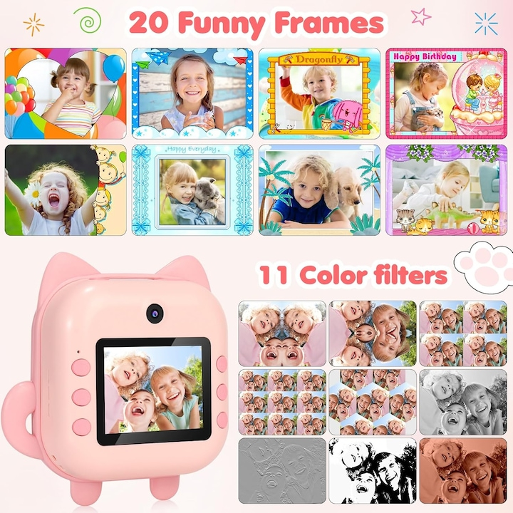Aparat foto copii cu functie de printare, model Pisica, Rezolutie 24Mpx 1080P, Dual Camera Fata-Spate, Functie SELFIE, Display LCD Color 2.4", 3 role hartie incluse, Carioci si Stickere Colorate, Roz [8]