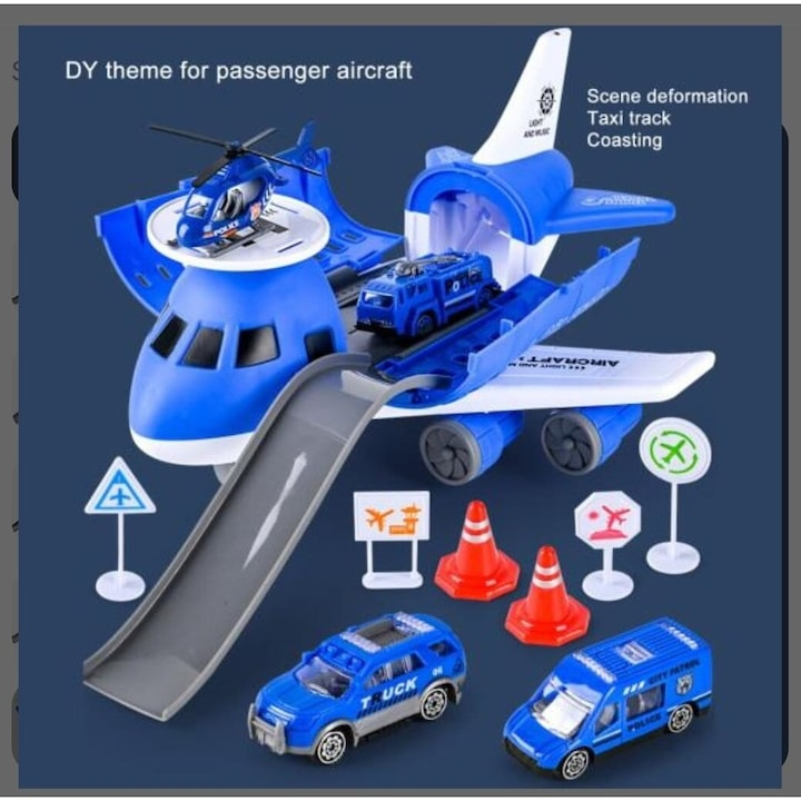 Avion cargo albastru cu 3 masinute, un elicopter, pista si semne de circulatie - xStoc [2]