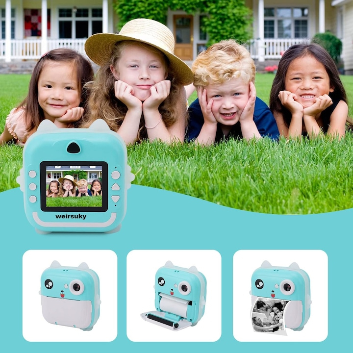 Camera instantanee pentru copii Aparat foto copii cu functie de printare, 3 role hartie incluse 57x27mm, cablu USB-C, Bluetooth, compatibil iOS/Android, imprimare APP, Turcoaz -xStoc [6]