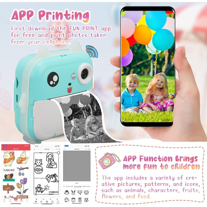 Camera instantanee pentru copii Aparat foto copii cu functie de printare, 3 role hartie incluse 57x27mm, cablu USB-C, Bluetooth, compatibil iOS/Android, imprimare APP, Turcoaz -xStoc [3]